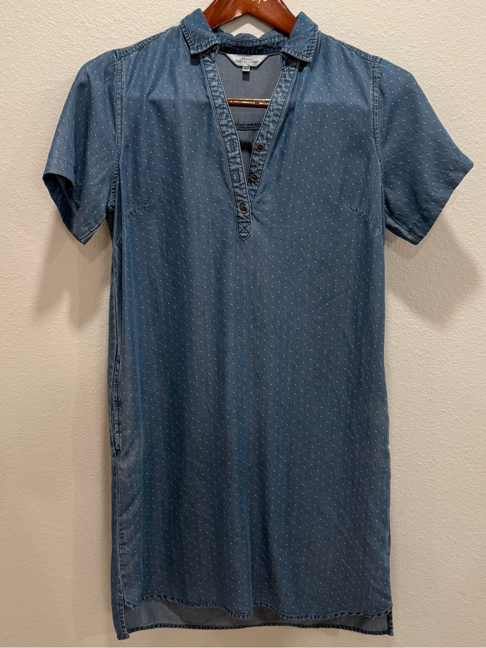 Chambray Shirt Dress Polka Dot Cotton Denim Dress Pockets Size S